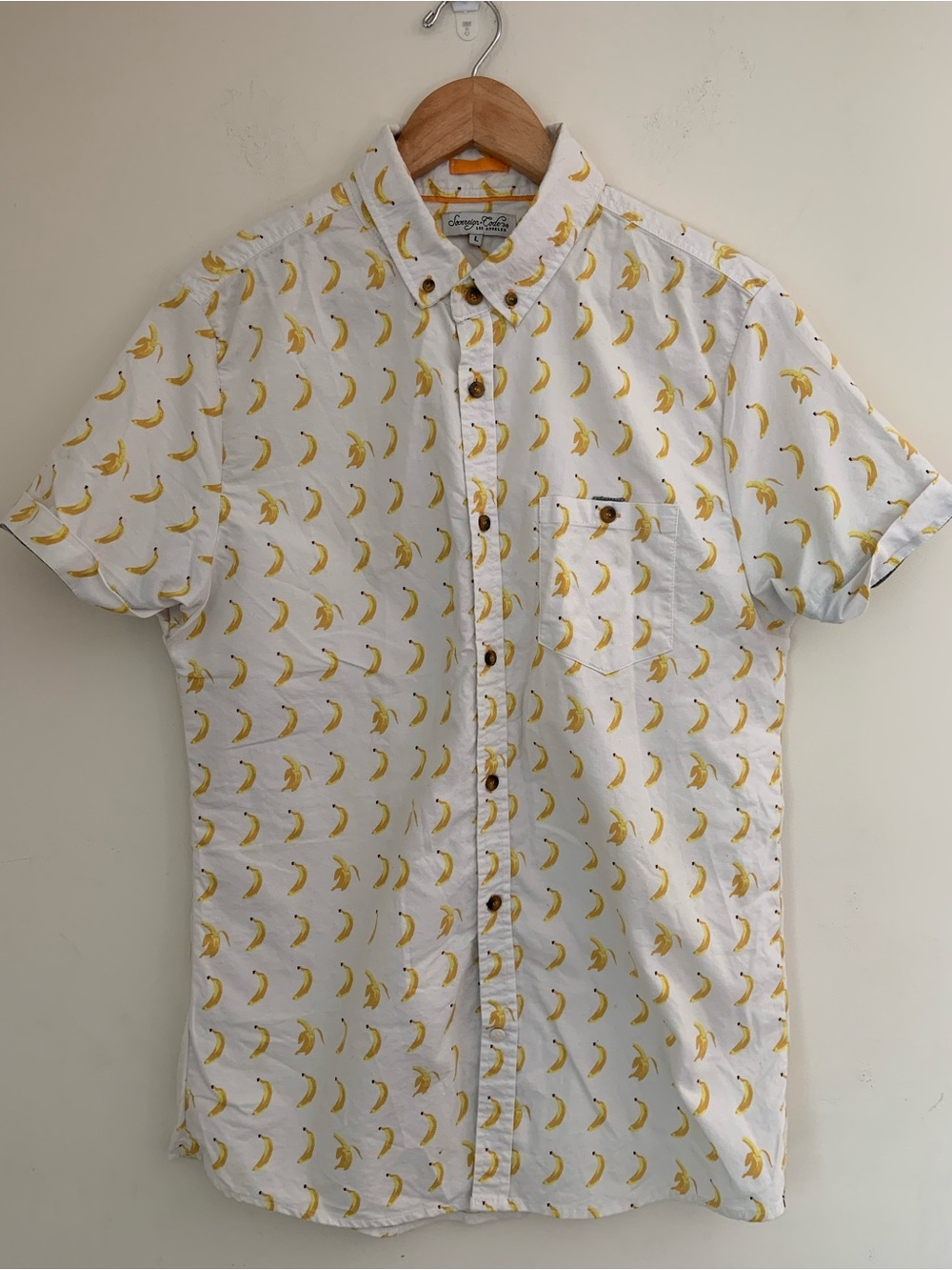 Men Short-Sleeve Cream Off White Cotton Banana Novelty Print Casual Camp Shirt